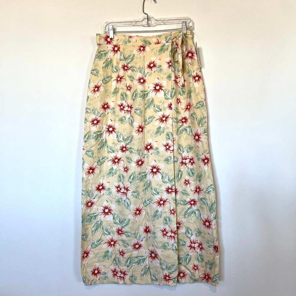 NWT 100% silk Vtg wrap front straight maxi skirt Hawaiian floral yellow 12